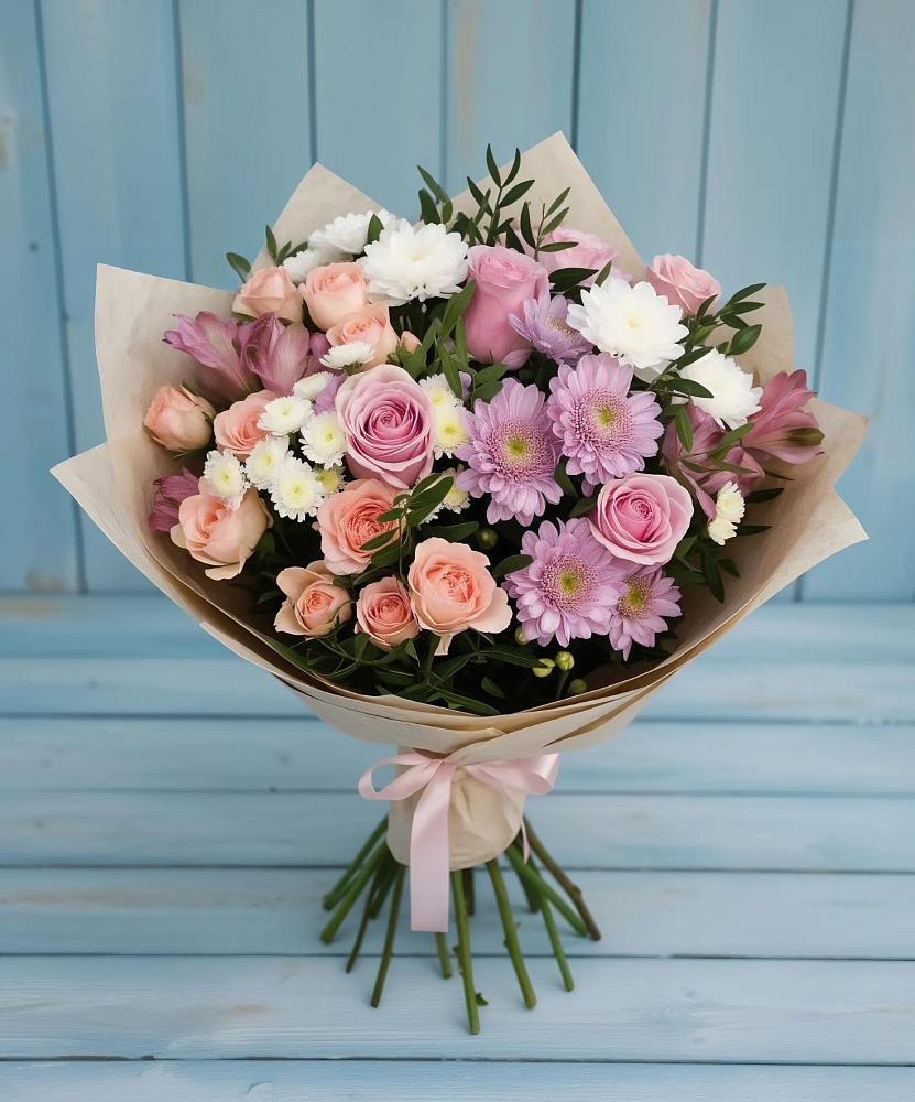 Букет цветов из: Хризантемы, Розы и Альстромерии в Кувандыке