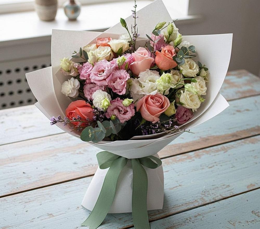 Букет цветов из: Розы, Лизиантусы и Гвоздики в Кувандыке