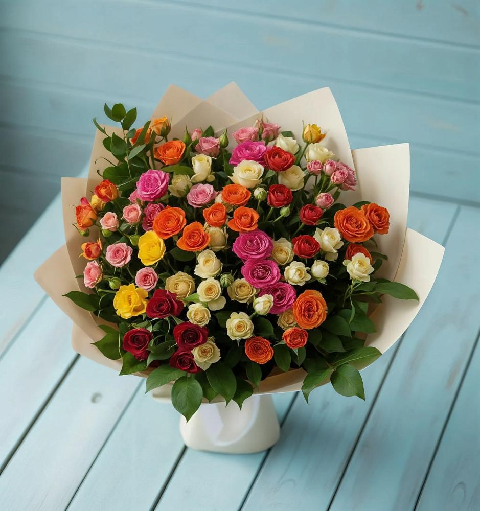 Букет Микс из разноцветных кустовых роз в Кувандыке