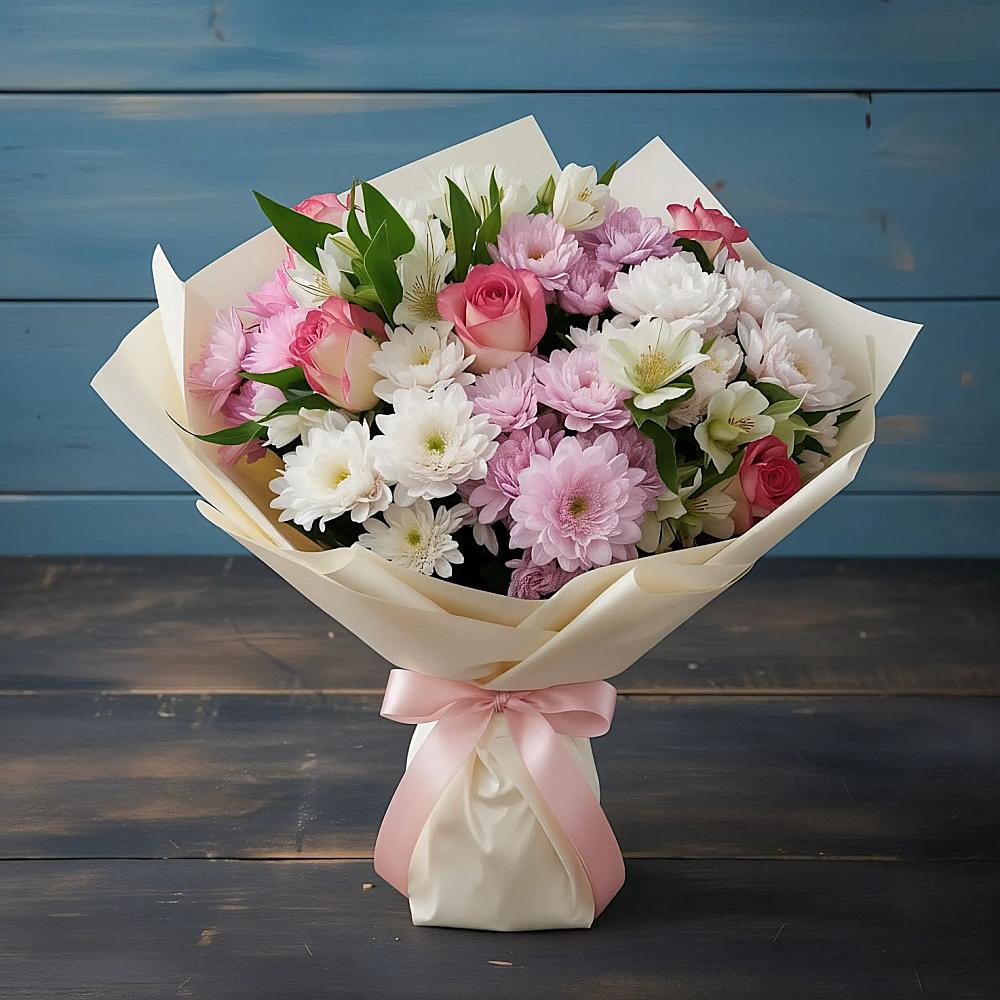 Букет цветов из: Хризантемы, Альстромерии и Розы в Кувандыке